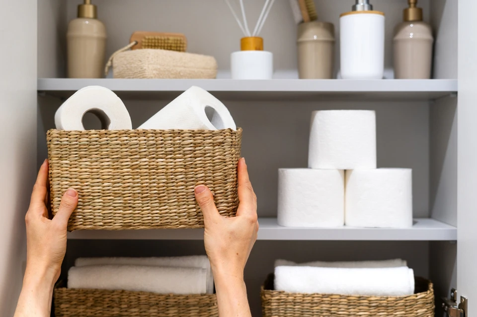 Cuisine moderne minimaliste avec mobilier int&eacute;gr&eacute; gris clair, plan de travail en bois