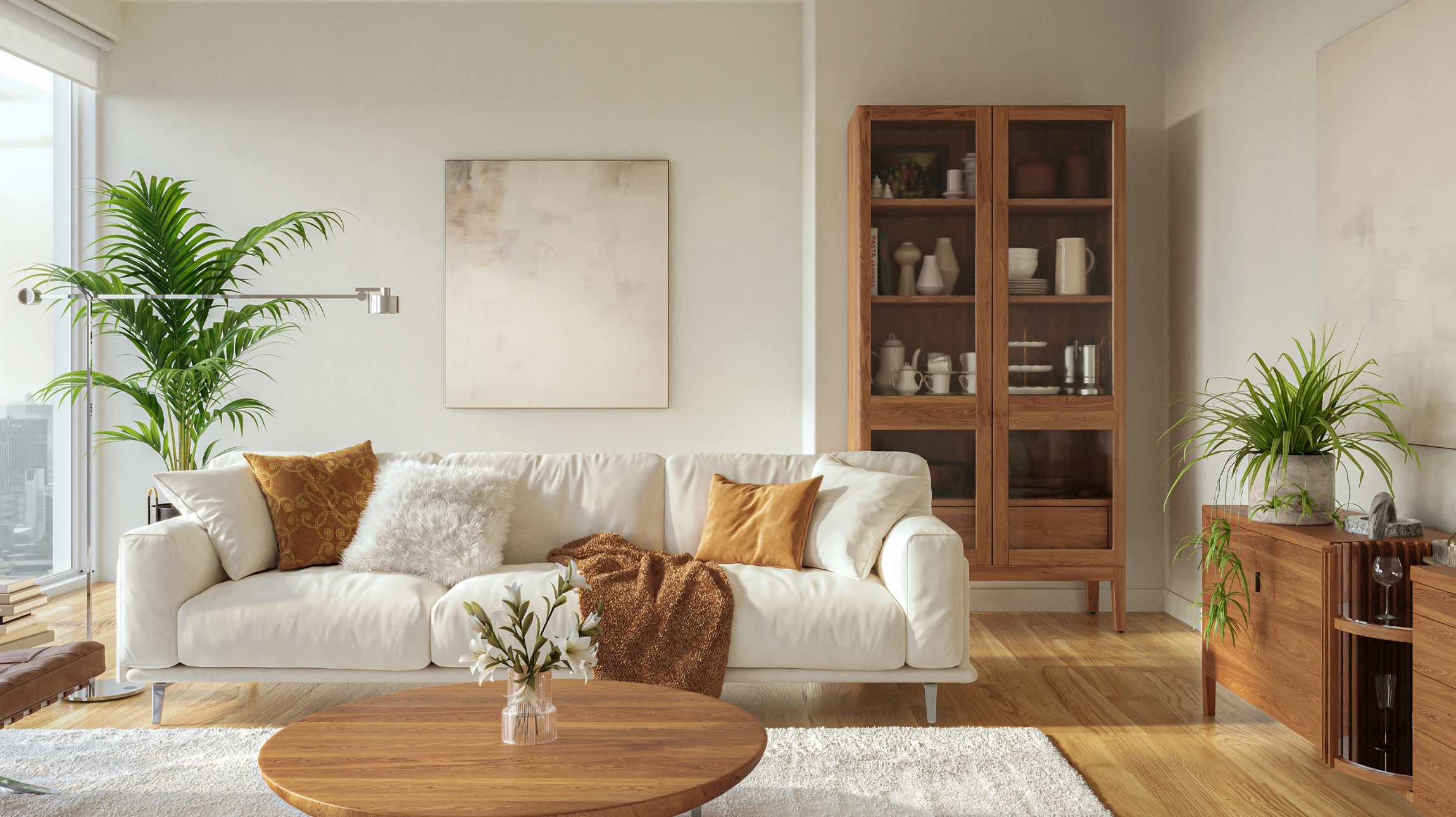 Salon moderne avec canapés d'angle gris clair disposés en L, coussins texturés beiges