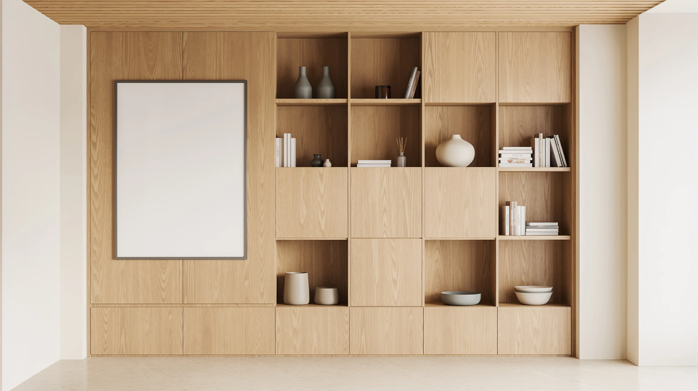 Intérieur moderne minimaliste avec meuble de rangement en bois sur pieds métalliques, deux plantes en pots blancs