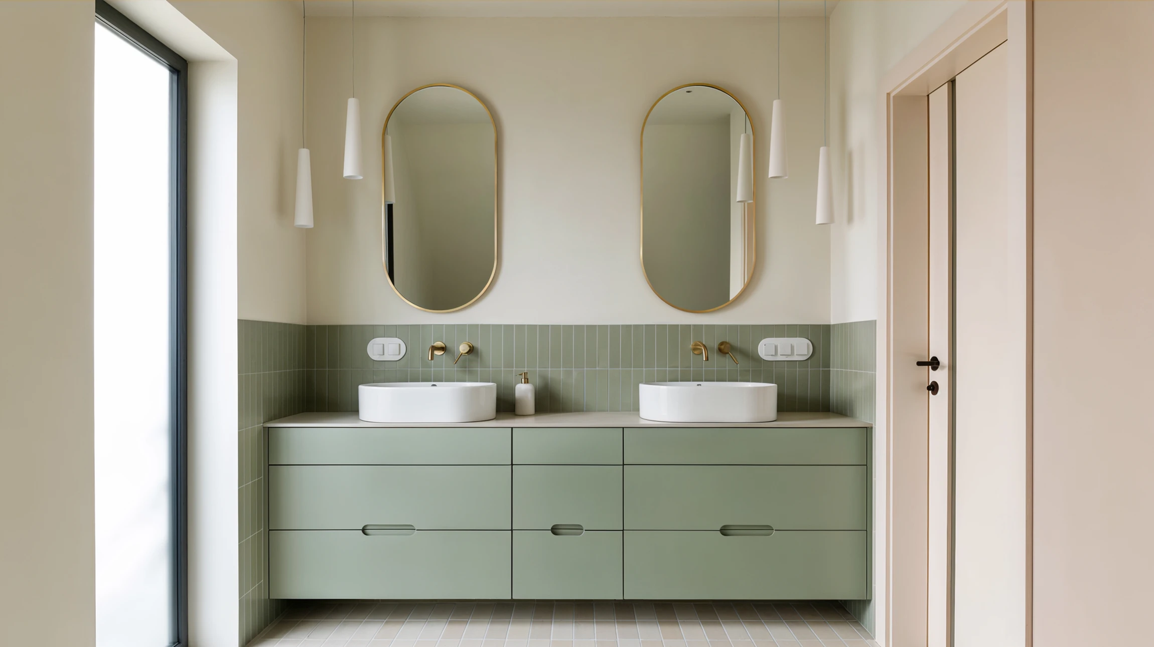 Intérieur de salle de bains moderne et élégante avec baignoire, plantes d'intérieur et unité de rayonnage