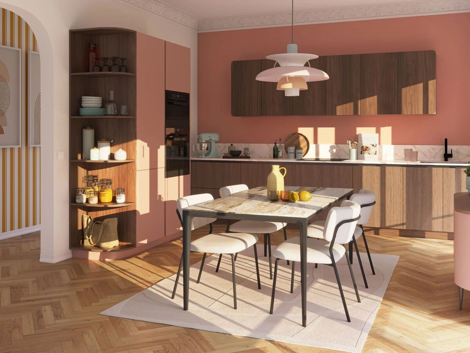 Cuisine moderne avec façades blanches, plan de travail en stratifié gris clair, crédence carrelage métro blanc